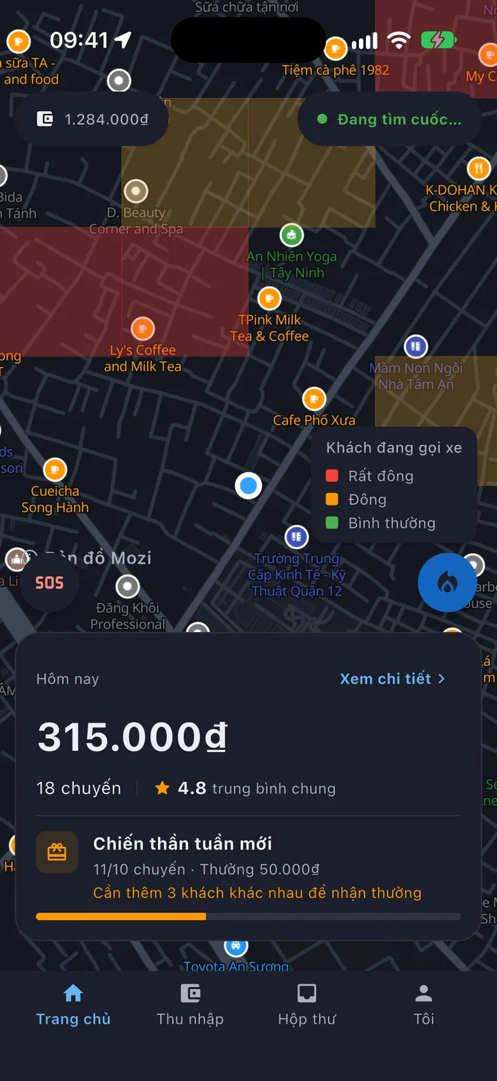 Ứng dụng Mozi Driver: bản đồ nhu cầu tô màu khu vực đang nhiều khách gọi xe, kèm thu nhập hôm nay