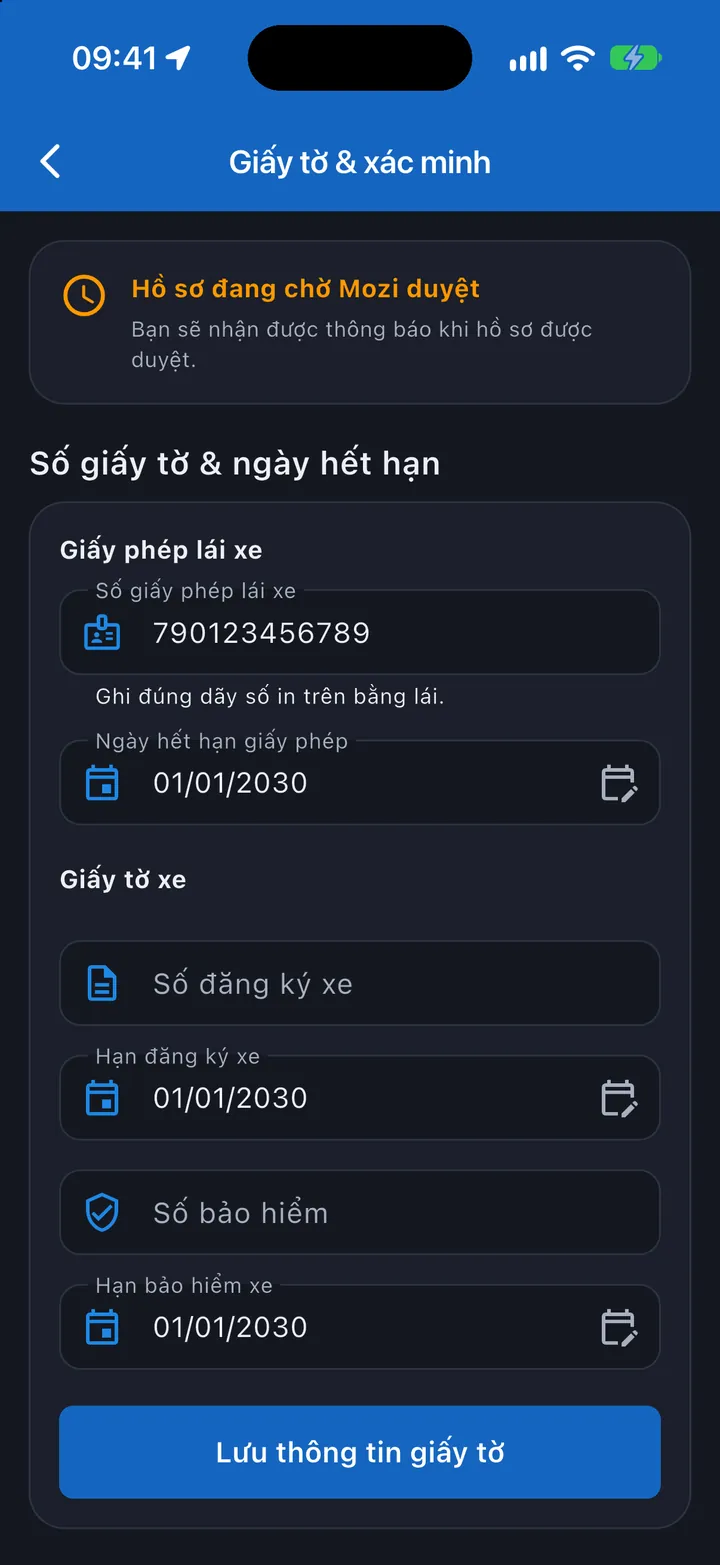 Giấy tờ và xác minh trong Mozi Driver: giấy phép lái xe, giấy tờ xe, hồ sơ đang chờ duyệt