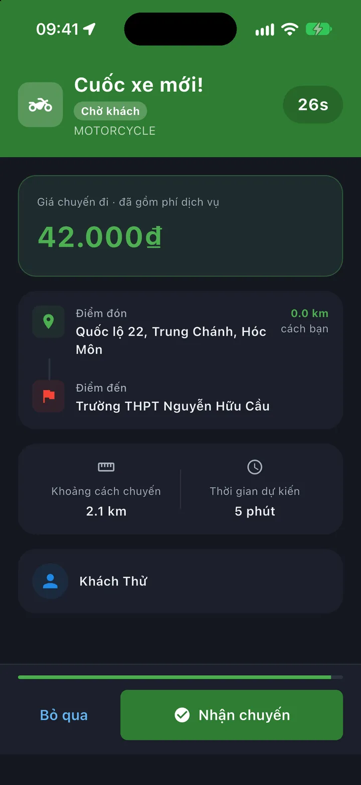 Lời mời nhận cuốc trong Mozi Driver: giá chuyến, điểm đón, điểm đến, quãng đường và thời gian