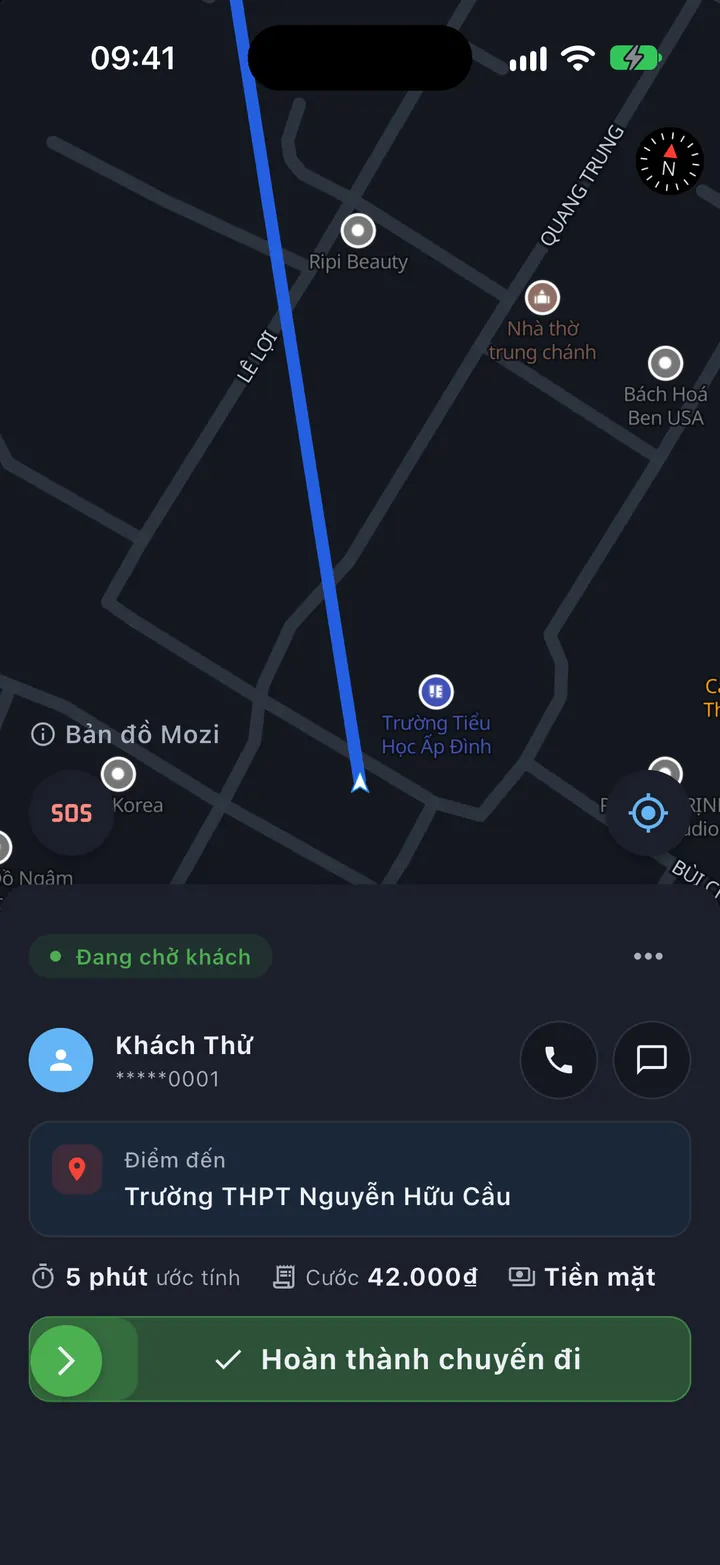 Mozi Driver trong chuyến: lộ trình tới điểm đến, cước, phương thức thanh toán và nút gọi khách