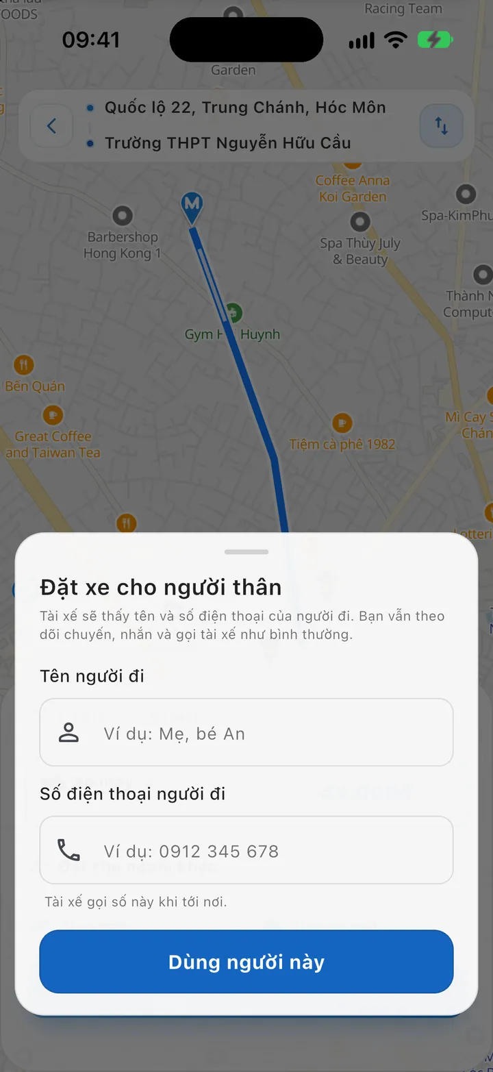 Đặt xe cho người thân: nhập tên và số điện thoại người đi