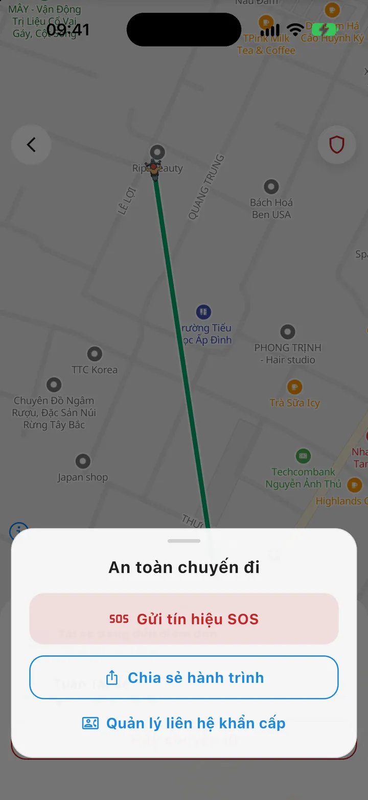 Bảng an toàn chuyến đi: gửi tín hiệu SOS, chia sẻ hành trình, quản lý liên hệ khẩn cấp